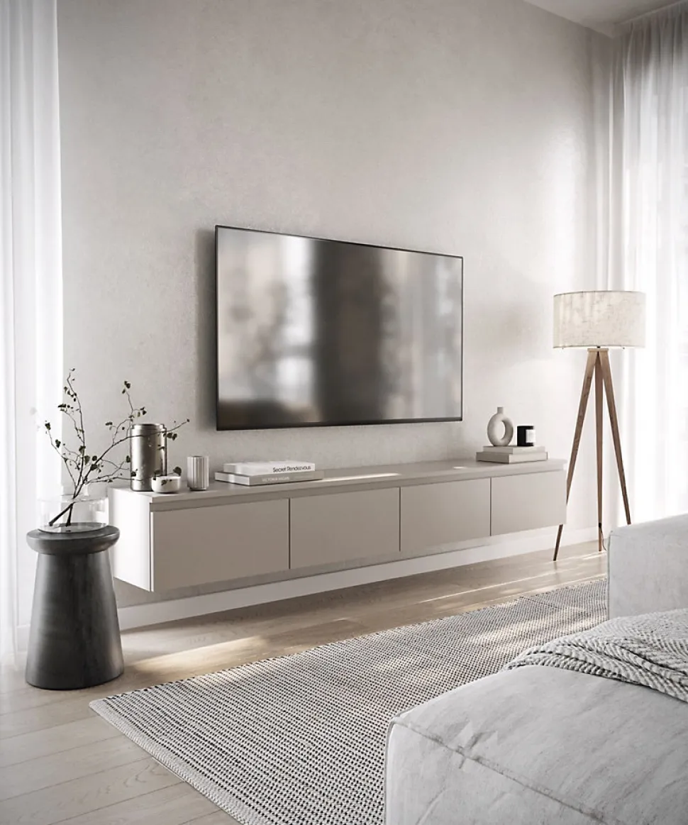 Meuble TV suspendu 200 cm 4 portes grège BEMMI