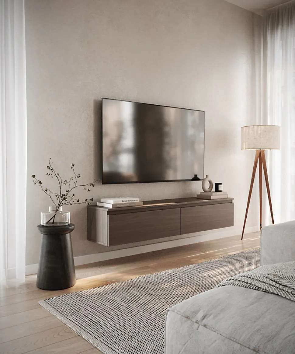 Meuble TV suspendu 150 cm 2 portes noyer du Wisconsin BEMMI