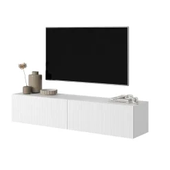 Meuble TV suspendu 140 cm blanc avec façade fraisée Veldio