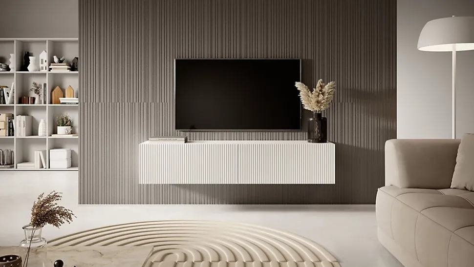 Meuble TV suspendu 140 cm blanc avec façade fraisée Veldio