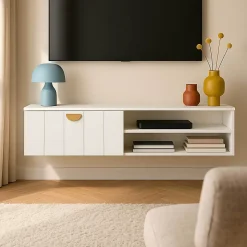 Meuble TV suspendu 120 cm moderne blanc Oviala