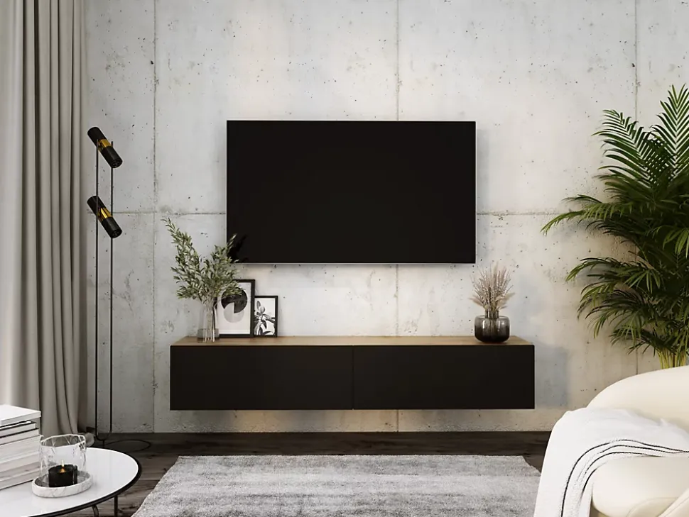 Meuble TV Suspendu, 170 X 34 X 32 Cm, Chêne Wotan / Noir Mat