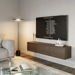 Meuble TV suspendu a 3 abattants aspect noyer 150 cm FRAMME