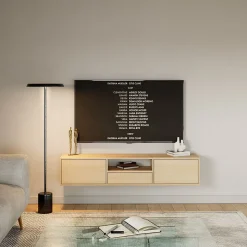 Meuble TV suspendu a 3 abattants et etagere aspect chene 150 cm FRAMME