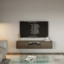 Meuble TV suspendu a 3 abattants et etagere aspect noyer 150 cm FRAMME