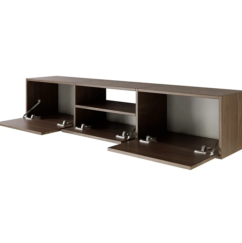 Meuble TV suspendu a 3 abattants et etagere aspect noyer 150 cm FRAMME