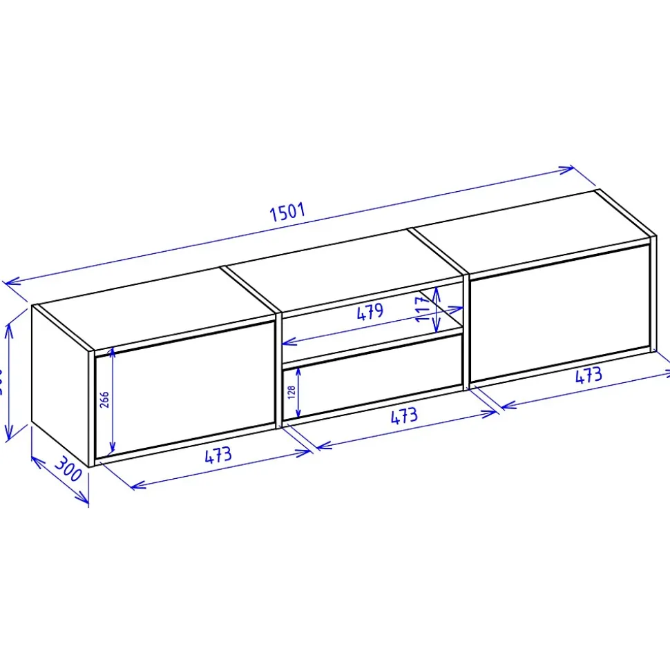 Meuble TV suspendu a 3 abattants et etagere blanc 150 cm FRAMME