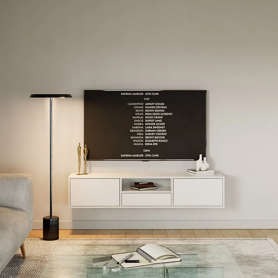 Meuble TV suspendu a 3 abattants et etagere blanc 150 cm FRAMME