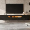 Meuble TV Suspendu avec 2 Portes et 1 Abattante, LED Contrôlable, Panneau de Particules, 180x37x36 cm - Noir + Bois Naturel