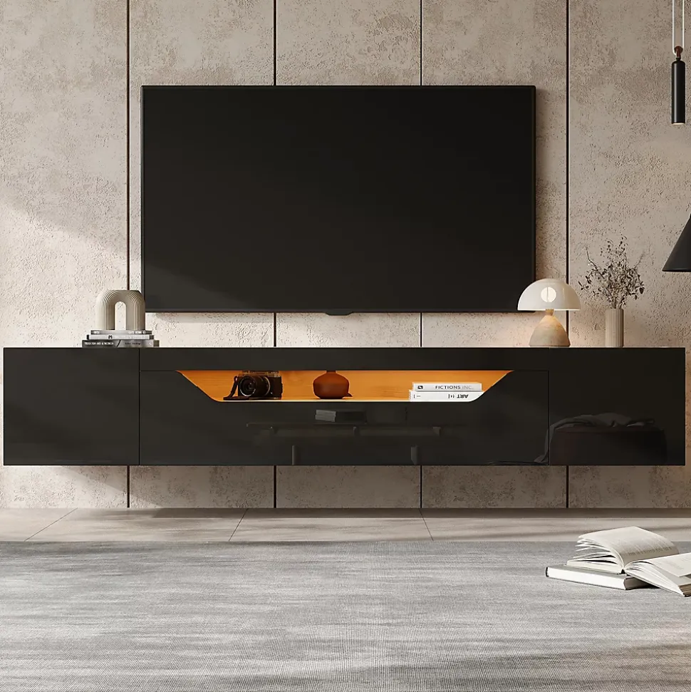 Meuble TV Suspendu avec 2 Portes et 1 Abattante, LED Contrôlable, Panneau de Particules, 180x37x36 cm - Noir + Bois Naturel