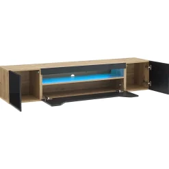Meuble TV Suspendu avec 2 Portes et 1 Abattante, LED Contrôlable, Panneau de Particules, 180x37x36 cm - Noir + Bois Naturel