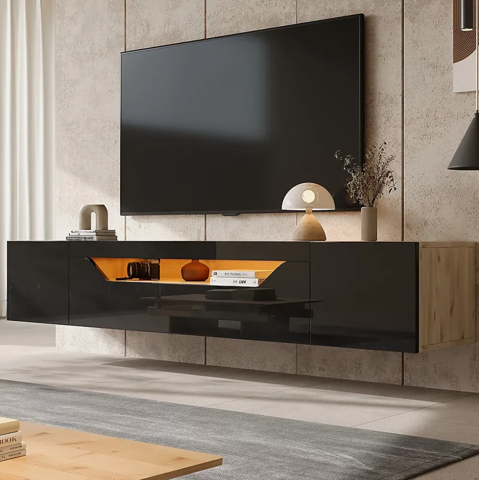 Meuble TV Suspendu avec 2 Portes et 1 Abattante, LED Contrôlable, Panneau de Particules, 180x37x36 cm - Noir + Bois Naturel