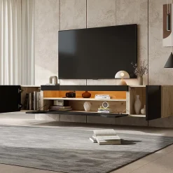 Meuble TV Suspendu avec 2 Portes et 1 Abattante, LED Contrôlable, Panneau de Particules, 180x37x36 cm - Noir + Bois Naturel