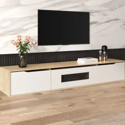 Meuble TV Suspendu, avec Éclairage LED et 3 Compartiments de Rangement, Porte Ajourée sans Vitre, Panneau MDF, Blanc et Naturel