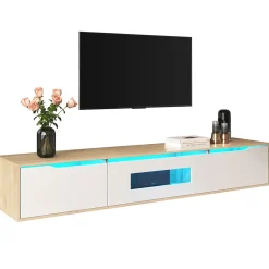 Meuble TV Suspendu, avec Éclairage LED et 3 Compartiments de Rangement, Porte Ajourée sans Vitre, Panneau MDF, Blanc et Naturel
