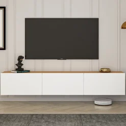 Meuble TV suspendu avec placards 150cm blanc et bois - HAL
