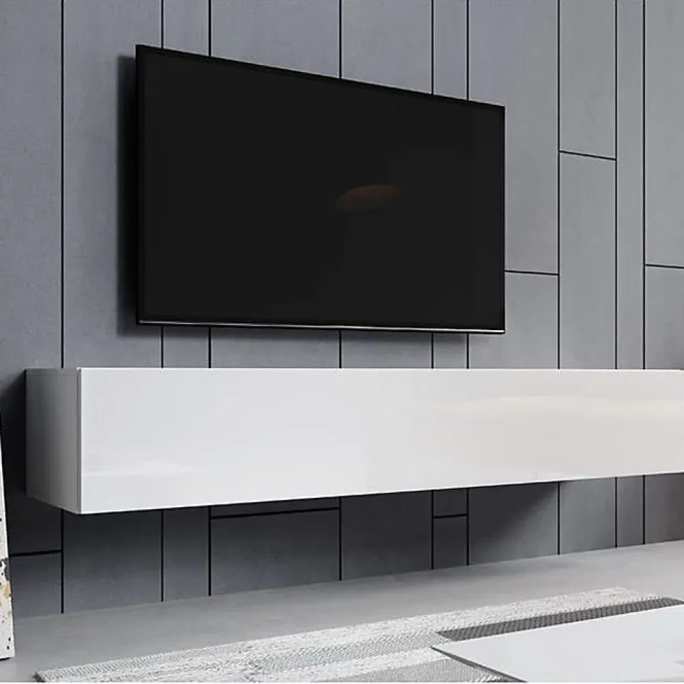 Meuble TV suspendu blanc brillant - 1 porte, 3 compart. - MDF/mélamine - L180 x P30 x H40 cm