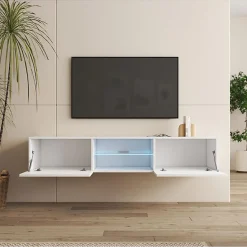 Meuble TV suspendu contemporain - Blanc brillant - Mélaminé - 2 portes + vitrine - 160 x 30 x 38,5 cm