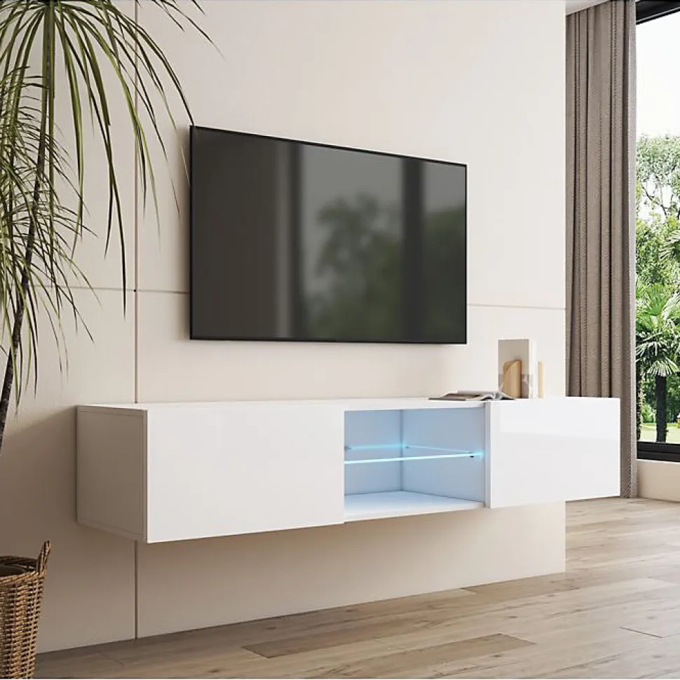 Meuble TV suspendu contemporain - Blanc brillant - Mélaminé - 2 portes + vitrine - 160 x 30 x 38,5 cm