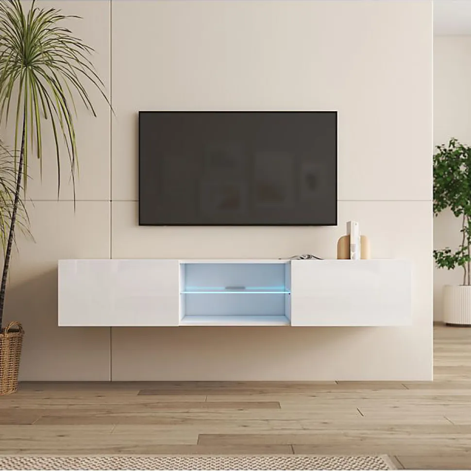 Meuble TV suspendu contemporain - Blanc brillant - Mélaminé - 2 portes + vitrine - 160 x 30 x 38,5 cm