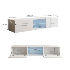 Meuble TV suspendu contemporain - Blanc brillant - Mélaminé - 2 portes + vitrine - 160 x 30 x 38,5 cm