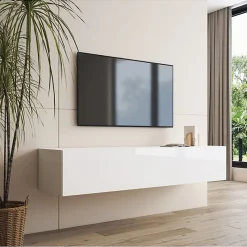 Meuble TV suspendu contemporain - Blanc brillant - 160x30x40 cm