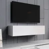 Meuble TV suspendu contemporain - Blanc brillant - 1 porte, 2 compartiments - L120 x P30 x H40 cm