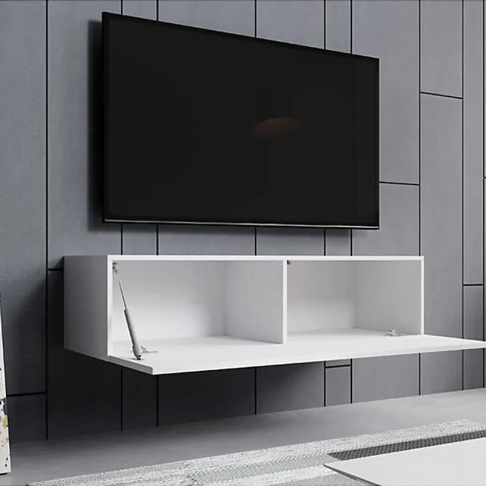 Meuble TV suspendu contemporain - Blanc brillant - 1 porte, 2 compartiments - L120 x P30 x H40 cm