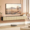 Meuble TV suspendu design façade effet bois clair cannelé 140 cm 2 portes abattantes noir naturel