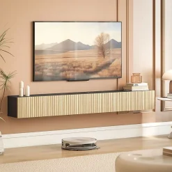 Meuble TV suspendu design façade effet bois clair cannelé 140 cm 2 portes abattantes noir naturel
