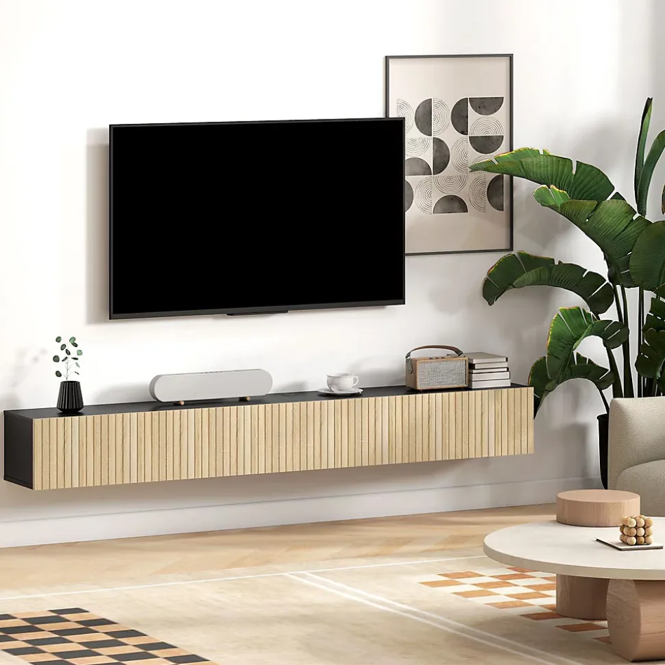 Meuble TV suspendu design façade effet bois clair cannelé 140 cm 2 portes abattantes noir naturel