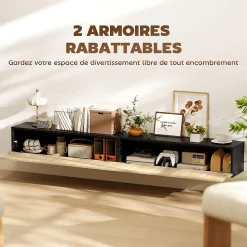 Meuble TV suspendu design façade effet bois clair cannelé 140 cm 2 portes abattantes noir naturel