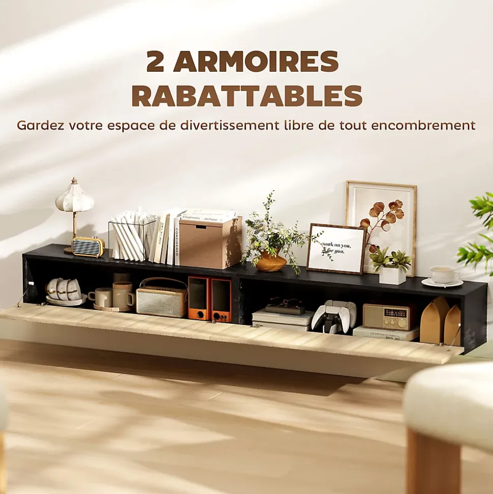 Meuble TV suspendu design façade effet bois clair cannelé 140 cm 2 portes abattantes noir naturel