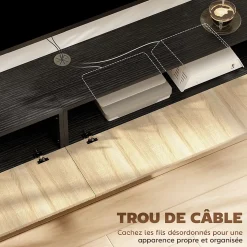 Meuble TV suspendu design façade effet bois clair cannelé 140 cm 2 portes abattantes noir naturel