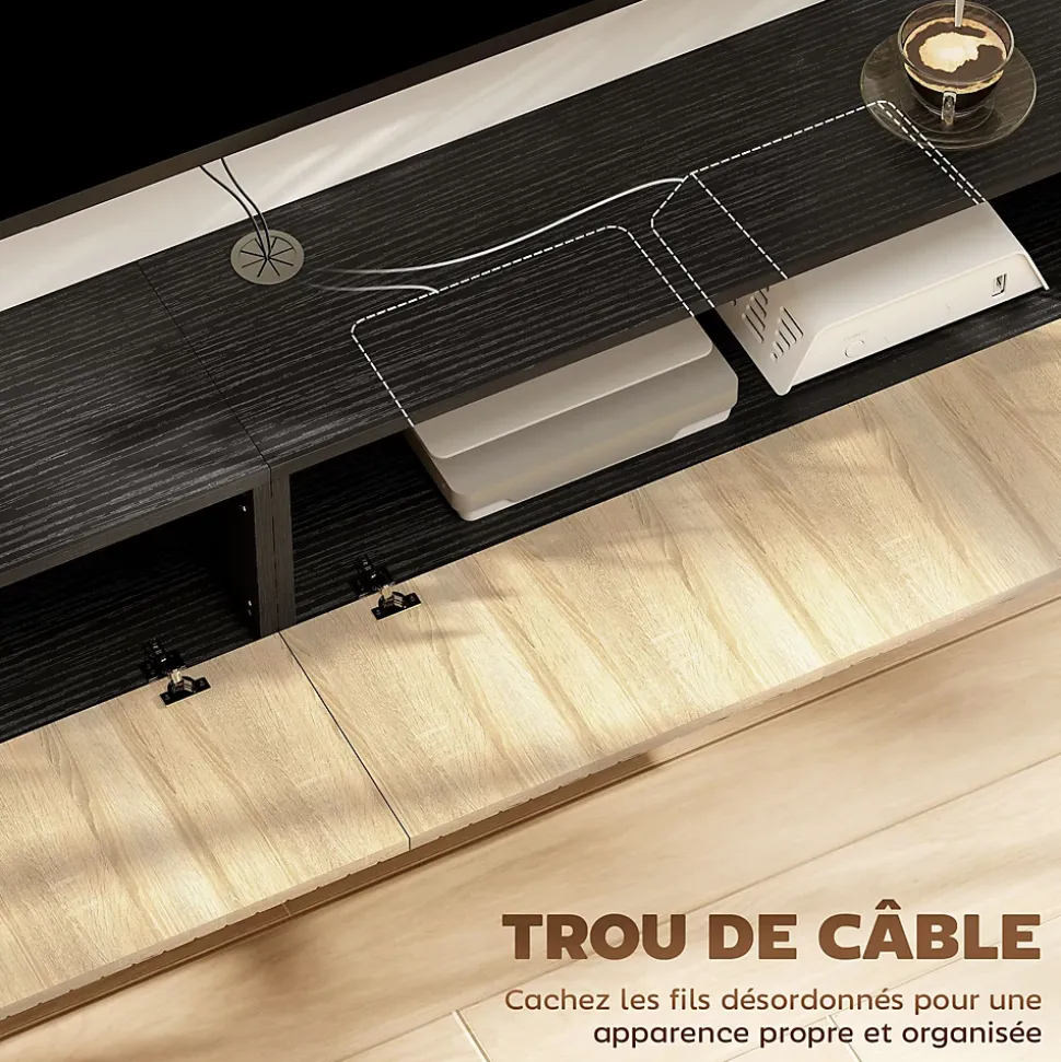Meuble TV suspendu design façade effet bois clair cannelé 140 cm 2 portes abattantes noir naturel