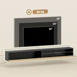 Meuble TV suspendu design façade effet bois clair cannelé 140 cm 2 portes abattantes noir naturel
