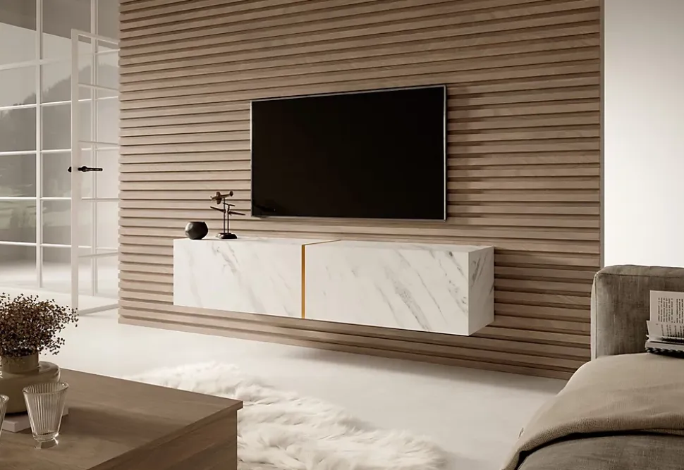 Meuble TV suspendu en aspect marbre blanc et doré 140 cm BISIRA
