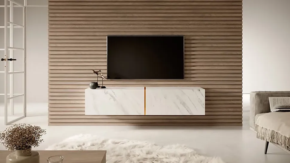 Meuble TV suspendu en aspect marbre blanc et doré 140 cm BISIRA