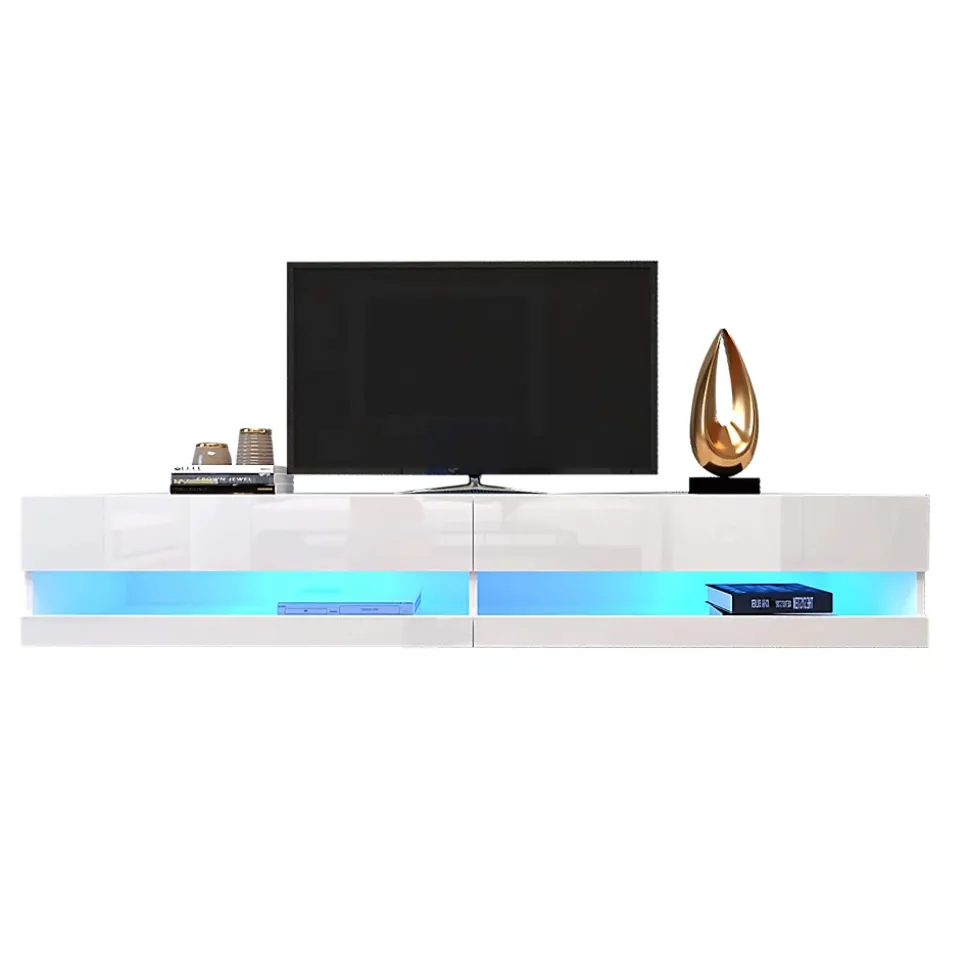 Meuble TV Suspendu en Marbre, LED avec Rangement, 140 x 40 x 30,5 cm, Blanc, MDF