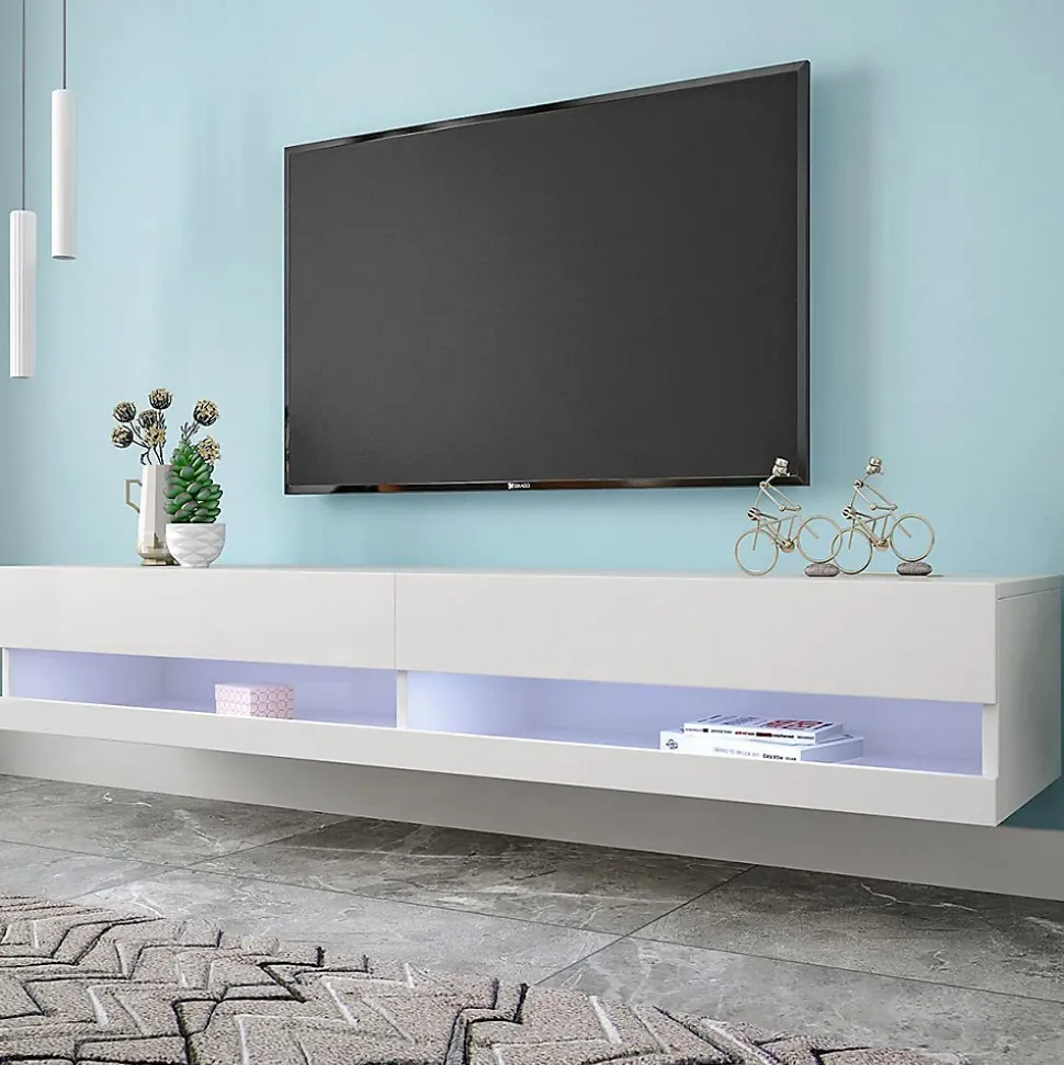 Meuble TV Suspendu en Marbre, LED avec Rangement, 140 x 40 x 30,5 cm, Blanc, MDF