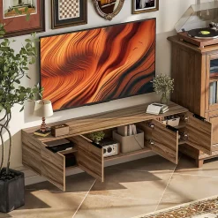 Meuble TV suspendu flottant design effet bois de noyer 4 portes 2 étagères dim. 150 x 35 x 32 cm