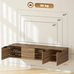 Meuble TV suspendu flottant design effet bois de noyer 4 portes 2 étagères dim. 150 x 35 x 32 cm
