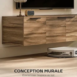 Meuble TV suspendu flottant design effet bois de noyer 4 portes 2 étagères dim. 150 x 35 x 32 cm