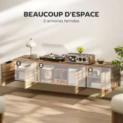 Meuble TV suspendu flottant design effet bois de noyer 4 portes 2 étagères dim. 150 x 35 x 32 cm