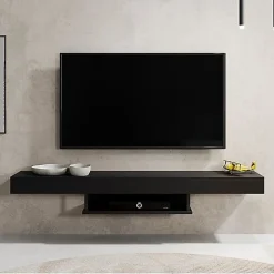Meuble TV suspendu industriel - Noir mat - Mélamine - 150x29,6x22 cm