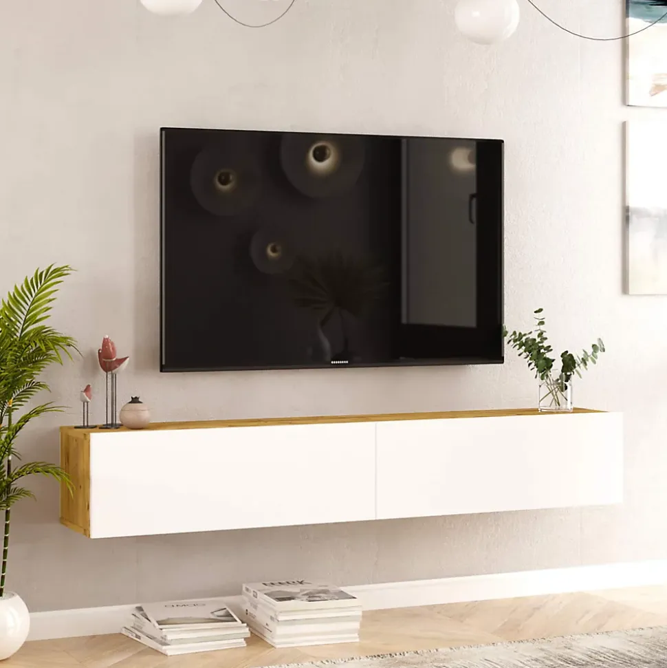 Meuble TV suspendu Rebecca Mobili Jatara 29,5x180x31,5 Panneau de particules Blanc Marron Clair Moderne