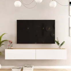Meuble TV suspendu Rebecca Mobili Jatara 29,5x180x31,5 Panneau de particules Blanc Marron Clair Moderne