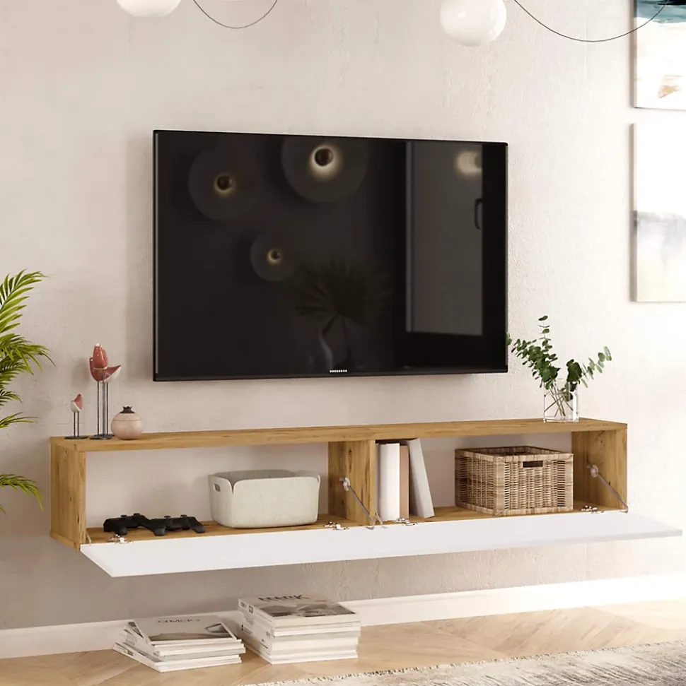 Meuble TV suspendu Rebecca Mobili Jatara 29,5x180x31,5 Panneau de particules Blanc Marron Clair Moderne