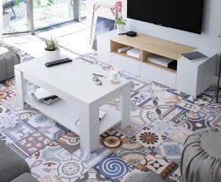 Meuble TV Tania 4 Portes Couleur Blanc et Chêne, 138 cm (Largeur)