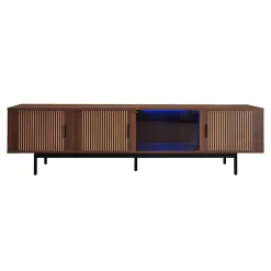 Meuble TV texture sculptée bandeau LED porte verre trempé meuble bas moderne